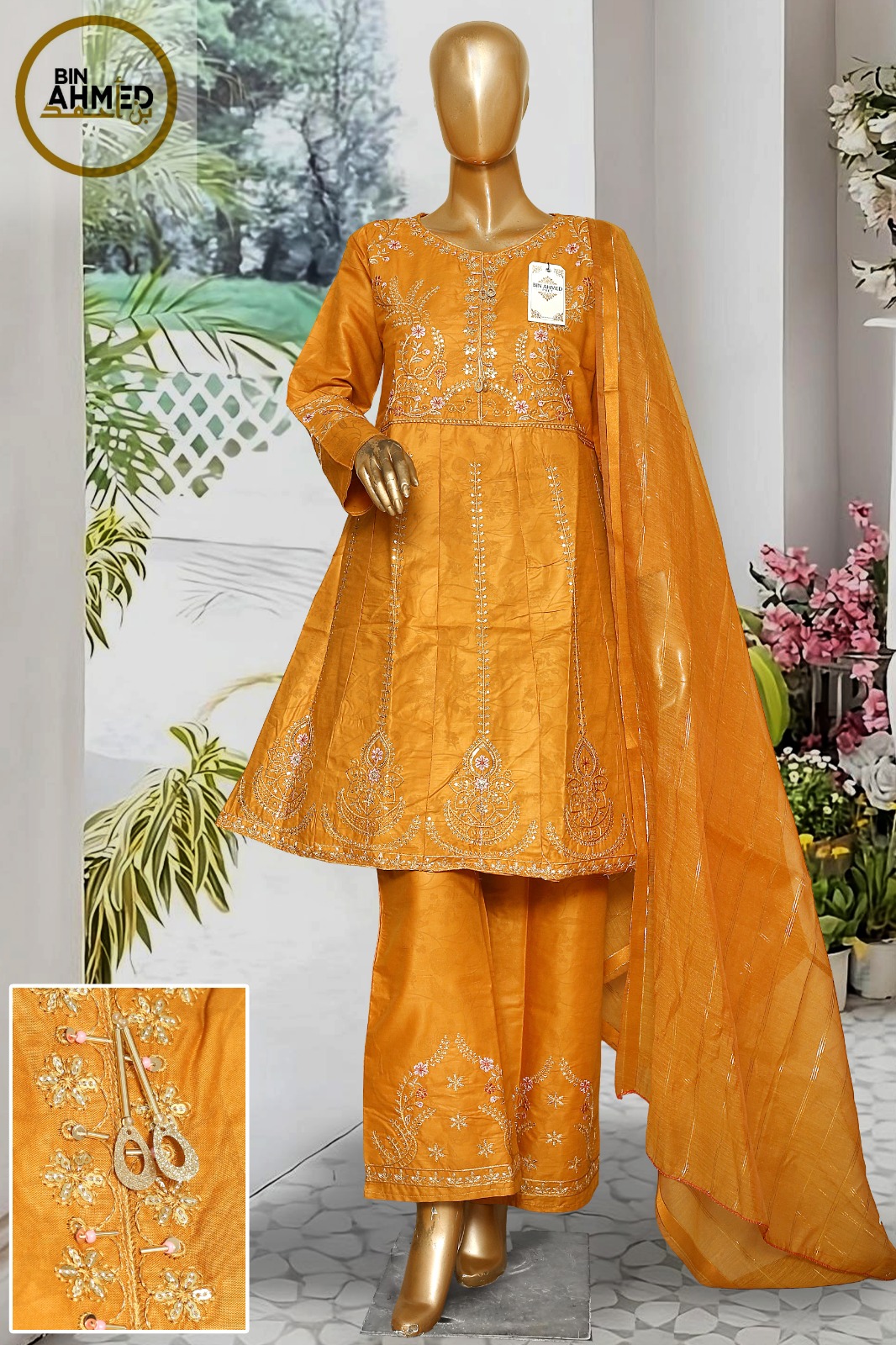 Premium Mustard Embroidered Three Piece Suit Free Size