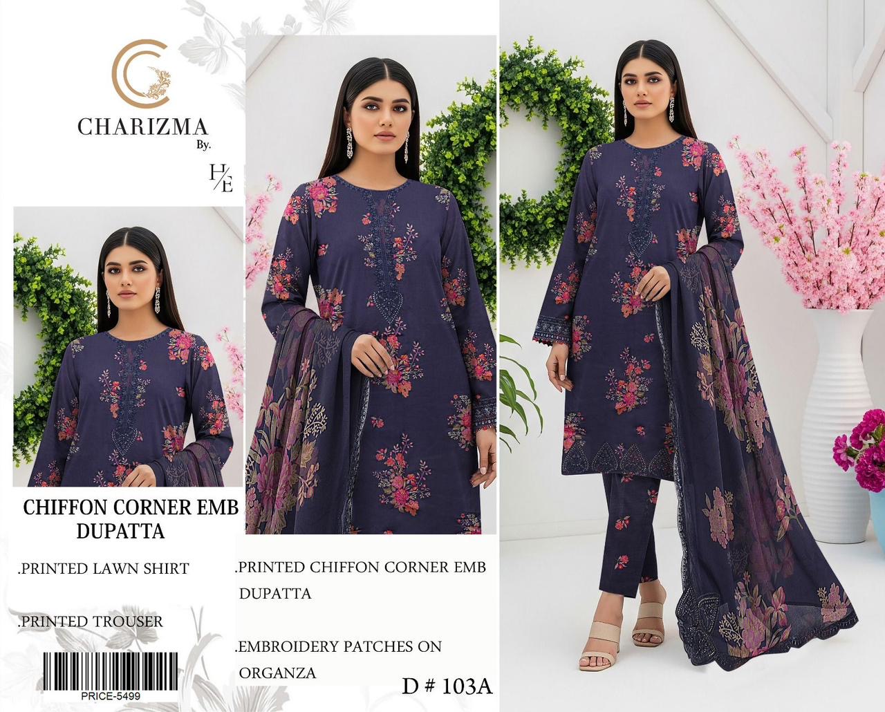 Charizma 3 piece lawn suit with ready to wear dupatta